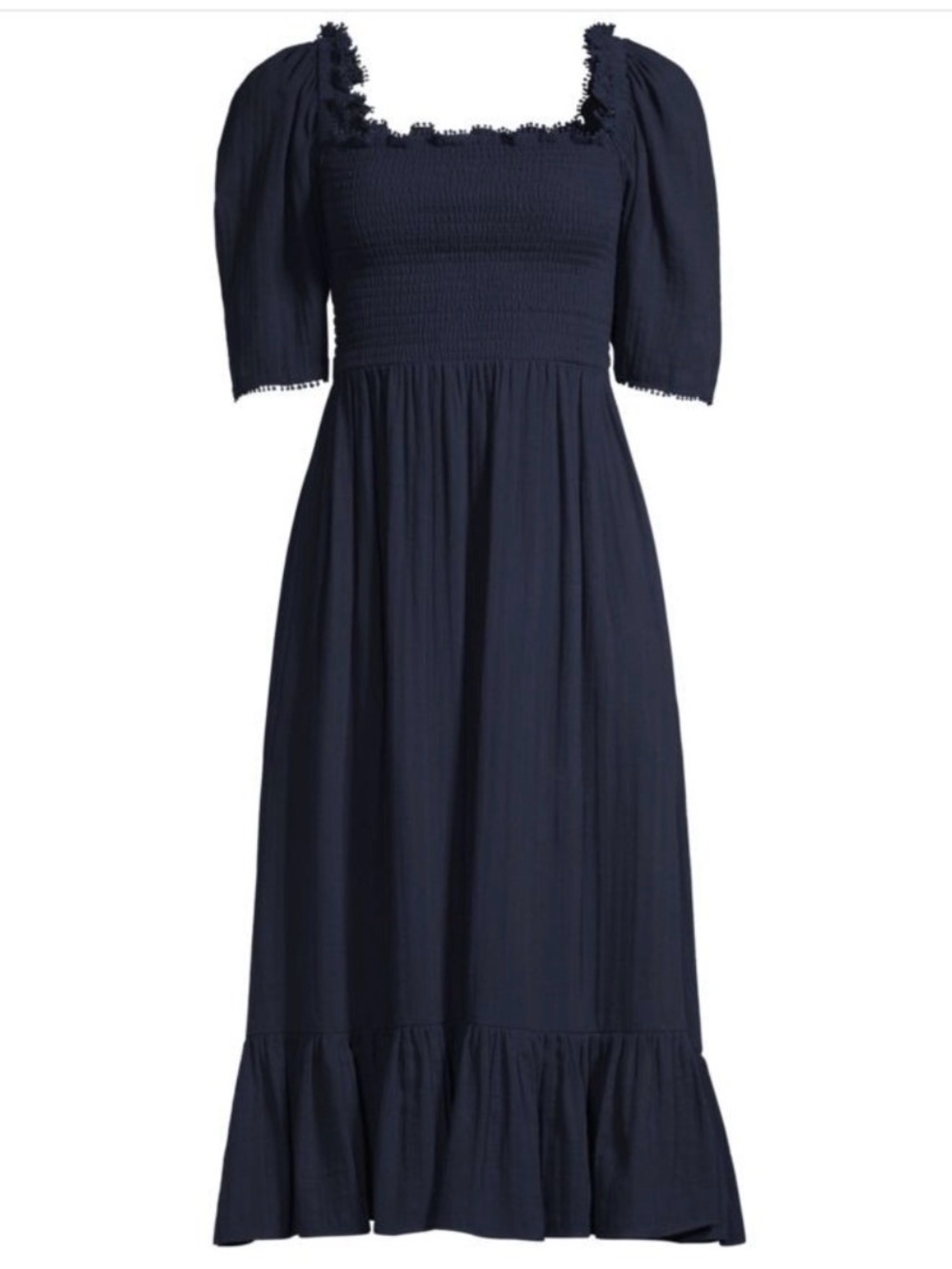 Smocked Square-Neck Midi Dress in Navy